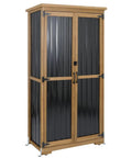Front view of a weatherproof outdoor storage cabinet with adjustable shelves, tall vertical shed for patio and backyard tools.