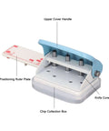 Three Hole Paper Punch Handheld Puncher For Binders Easy Everyday Office Tool with positioning ruler, chip box, and handle.