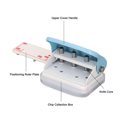 Three Hole Paper Punch Handheld Puncher For Binders Easy Everyday Office Tool with positioning ruler, chip box, and handle.