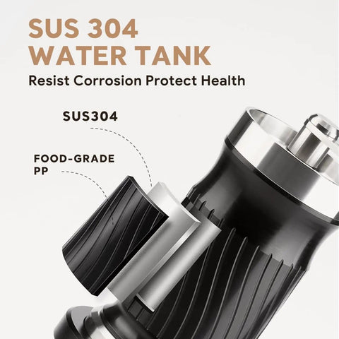 Slick Trail Ready Portable Manual Espresso Maker With Adjustable Temp And Nine Bar Pressure For Straight Up Creamy Lattes On The Go Stainless Steel Hand Pump Coffee Brewing Gear water tank showcasing SUS 304 steel construction.
