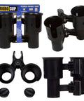 Heavy Duty Black Portable Clamp On Cup Holder And Versatile Dual Drink Caddy showcasing secure clamp design and dual container layout.