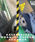 Built Different Heavy Duty Work Gloves With Breathable Leather Palms And Touchscreen Compatible Tips Machine Washable Reinforced Knuckles Zero Slip Grip For Mechanics And Electricians, showing reinforced fingers gripping machinery.