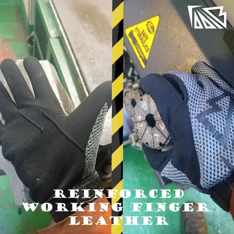 Built Different Heavy Duty Work Gloves With Breathable Leather Palms And Touchscreen Compatible Tips Machine Washable Reinforced Knuckles Zero Slip Grip For Mechanics And Electricians, showing reinforced fingers gripping machinery.