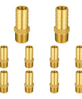 Super Tough Brass Hose Barb Connectors One Inch Barb Meets Three Quarter Male Npt Threads, ten piece heavy duty set.