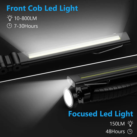 Dual COB And Flashlight LED Work Light 800 Lumen Front, 150 Lumen Top, showing bright illumination in dark scene