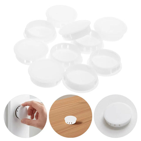 Easy SnapIn Hole Plugs For Furniture And Cabinets, White Round Flush Caps, 2 Inch Plastic Locking Cover Caps, 20 Pack displayed