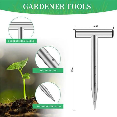 Hand Dibber And Seed Planter Tool For Bulbs And Seeds Garden Hole Digger For Seedlings Tulips Daffodils Crocus Stainless Steel Planting Tool with measurements and T-shape handle