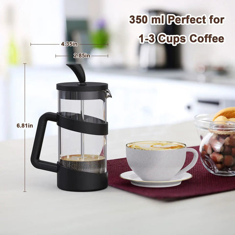 Compact 12 Oz Mini French Press Coffee Maker For Camping And Travel, glass carafe with black finish on kitchen counter.