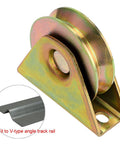 Front view of 3-inch sliding gate wheel with V-groove caster and mounting bracket for V-track rail
