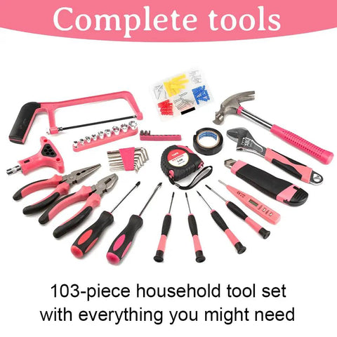 Complete Pink 103 Piece DIY Tool Kit In A Compact Storage Case Built For Women And Beginners, includes various tools for home repairs.