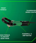 Green 7-Inch Angle Polisher For Stone Grinding And Polishing With 13 Amp Motor, showcasing front handle and speed control, on green background.