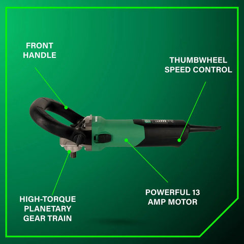 Green 7-Inch Angle Polisher For Stone Grinding And Polishing With 13 Amp Motor, showcasing front handle and speed control, on green background.