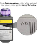 Zoomed view of cordless vacuum battery showing model number SV15 for 2 Pack Replacement Vacuum Filters For V11 Animal V11 Torque Drive V11 Complete V11 Extra And V15 Detect V15s Detect Cordless Vacuums Washable Reusable Pet Hair Dirt Dust