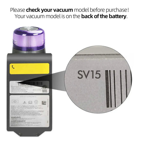 Zoomed view of cordless vacuum battery showing model number SV15 for 2 Pack Replacement Vacuum Filters For V11 Animal V11 Torque Drive V11 Complete V11 Extra And V15 Detect V15s Detect Cordless Vacuums Washable Reusable Pet Hair Dirt Dust