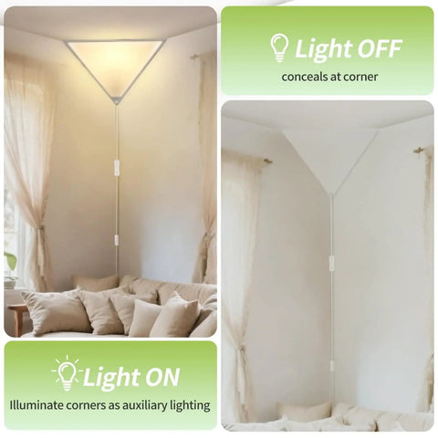 Two Pack Red Triangle Corner Light With Switch For Living Room Ceiling Plug In Lighting For Dark Corners Bedroom Kids Room Space Saving Modern Design Options installed in a cozy living room corner, both on and off states shown.