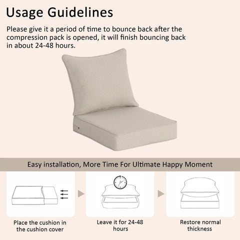 Thick Outdoor Patio Cushions Set Of 2 Deep Seat Cushions 22x24x5.1 Inches, natural linen, assembly guidelines for installation.