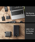 Roam 6 AX1500 Portable WiFi 6 Travel Router shown with laptop and power bank for easy WiFi sharing via USB-C.