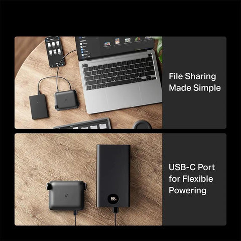 Roam 6 AX1500 Portable WiFi 6 Travel Router shown with laptop and power bank for easy WiFi sharing via USB-C.