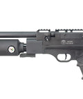 Close-up of Factor RC PCP Air Rifle 22 Caliber with Side Lever Repeater, showing trigger and power adjustments.