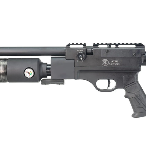 Close-up of Factor RC PCP Air Rifle 22 Caliber with Side Lever Repeater, showing trigger and power adjustments.