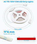Warm White COB LED Strip Light 6.56Ft 3000K With No Fuss Easy Install Self Adhesive Backing Ultra Bright 576 LEDs 180 Beam CRI90Plus IP67 Flexible Rope Lighting For Kitchen Cabinets Closets DIY Home Lighting shown in coil with plug and dimensions