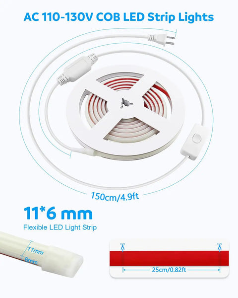 Warm White COB LED Strip Light 6.56Ft 3000K With No Fuss Easy Install Self Adhesive Backing Ultra Bright 576 LEDs 180 Beam CRI90Plus IP67 Flexible Rope Lighting For Kitchen Cabinets Closets DIY Home Lighting shown in coil with plug and dimensions