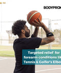 Man playing basketball wearing Elbow Brace Duo Pack For Tennis And Golfer's Elbow Pain Relief, Adjustable Velcro Straps