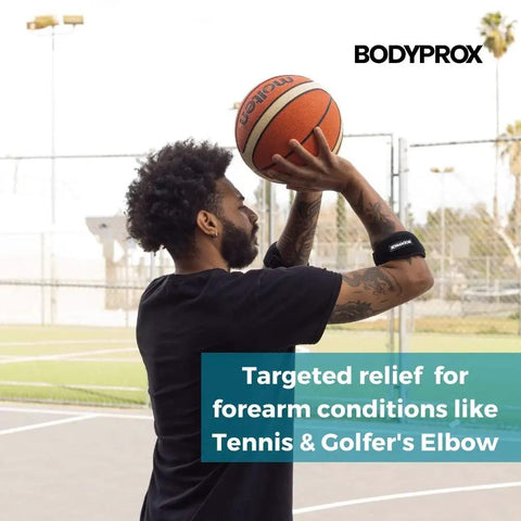Man playing basketball wearing Elbow Brace Duo Pack For Tennis And Golfer's Elbow Pain Relief, Adjustable Velcro Straps