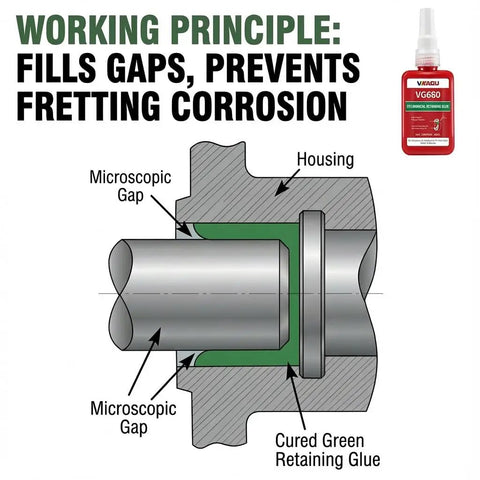Diagram showing Industrial Grade Retaining Compound 4 Pack For High Strength Bearing Mounts And Sleeve Retainers, Fast Cure Anaerobic Adhesive, filling microscopic gaps and preventing corrosion.