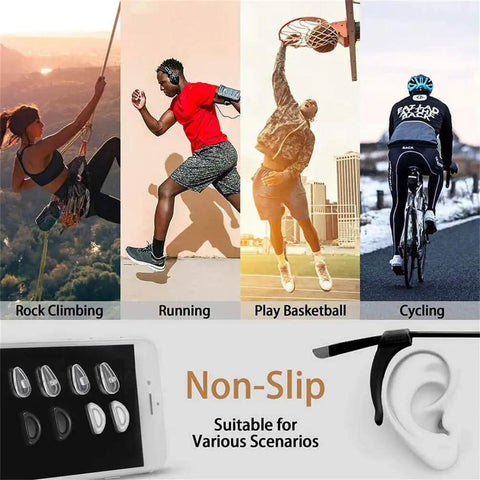 Collage of sports activities with Ear Gripper Holders For Eyeglasses Silicone Nose Pad Retainers shown for non-slip use.