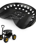 Rugged Black Metal Tractor Seat For Lawn Mowers And Farm Gear Seventeen Point Seven By Thirteen Point Four Inches Replacement Cushion With All Day Comfort Built To Last Durable Construction Mounting Hardware Not Included. Black perforated metal tractor seat on utility cart