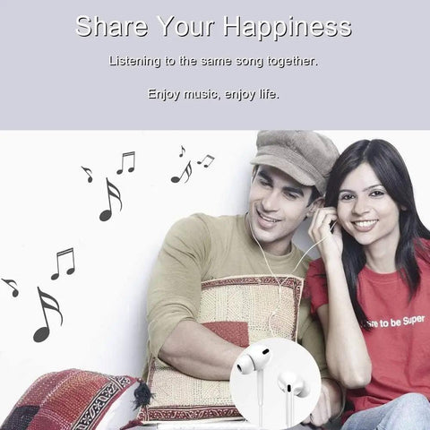 Couple sharing USB C Earbuds With Microphone And Remote For iPhone And Android Devices Wired Type C Headphones with music notes around