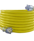 Heavy Duty 100 Foot 15 Amp Outdoor Extension Cord With 10 Gauge SJTW Jacket UL Listed 125 Volt NEMA 5 To 15 P Plug And Lighted End Black For Power Tools And Hardcore Outdoor Jobs coiled yellow cord with clear plug ends.