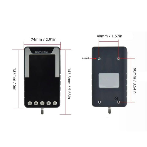 Top Notch 1000N Force Gauge Push Pull Tester Tension Meter Torque Tester, 220 Lb Capacity, Handheld US Plug, HD Color Display, Simultaneous Nm and Lb Readouts, Three Measurement Modes for Real Time and Peak, front and back dimensions