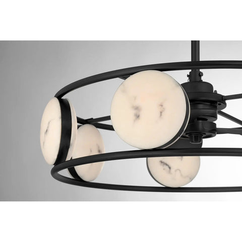 Close-up of Matte Black Jewelry Inspired Chandelier Ceiling Fan With Integrated Led Lighting and Remote Featuring Faux Alabaster Accents.