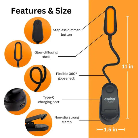 Diagram of giftable amber book light with blue light blocking rechargeable 1600K warm amber glow for reading in bed.