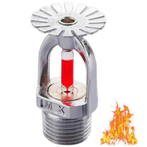 Tough As Nails Copper Pendent Fire Sprinkler Head Quick Response Drop Down Design For Home Safety Rated One Fifty Five Degrees Fahrenheit Half Inch Thread No Fuss Installation close-up view with red glass indicator.