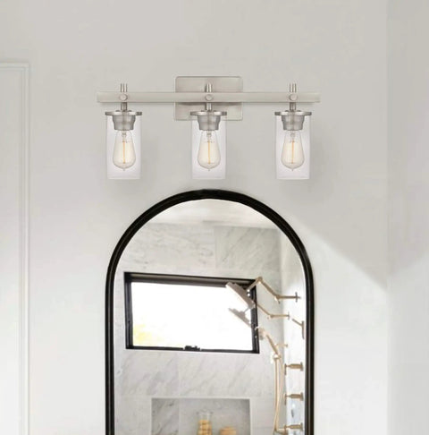 Modern Farmhouse Three Light Vanity Light With Clear Glass Shades In Brushed Nickel For Bathroom Hallway Entryway Kitchen Mirror And Laundry Room Must Have For Any Modern Bathroom Or Powder Room And Hallway Decor