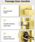 Brushed Gold Passage Door Handles 2 Pack For Interior Doors Keyless Non Locking Lever Set For Hallways And Closets Reversible close-up brushed gold latch