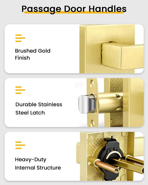 Brushed Gold Passage Door Handles 2 Pack For Interior Doors Keyless Non Locking Lever Set For Hallways And Closets Reversible close-up brushed gold latch