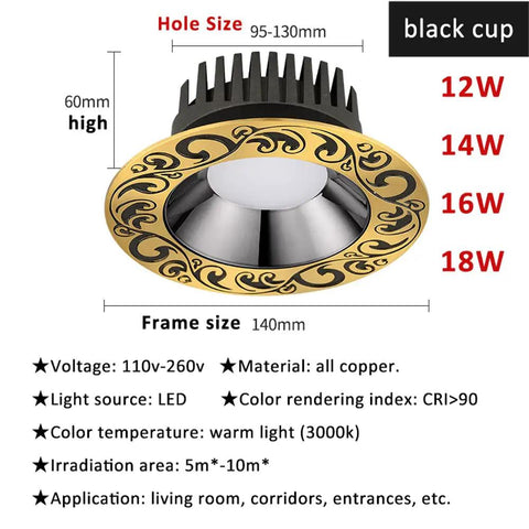 Gold and black LED recessed ceiling downlight 12W, 14W, 16W, 18W, suitable for 4 inch 5 inch installations, elegant design.
