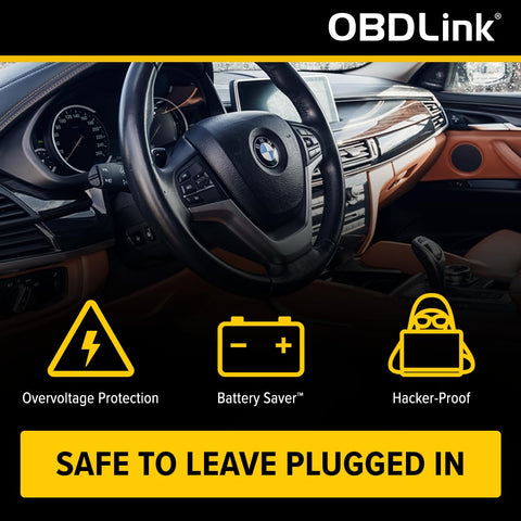 Interior view of BMW car dashboard with OBDLink features highlighting BimmerCode Ready OBD2 Adapter For BMW And Mini.
