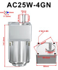 110V AC Motor With Gearbox 18K Reduction 25W Variable Speed Gear Reducer Motor with 10mm shaft, dimensions labeled, front view.