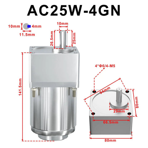 110V AC Motor With Gearbox 18K Reduction 25W Variable Speed Gear Reducer Motor with 10mm shaft, dimensions labeled, front view.