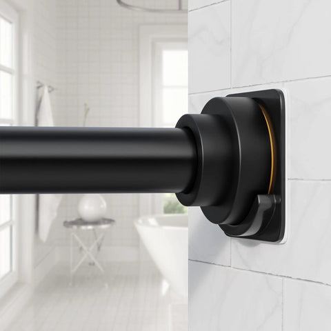 No Drill Tension Shower Curtain Rod 31 To 120 Inches, 1.1 Inch Diameter Rustproof Stainless Steel in matte black finish close-up