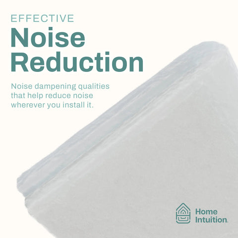 Graphic banner advertising insulation with Effective Noise Reduction text, diagonal pale panel, Home Intuition logo.