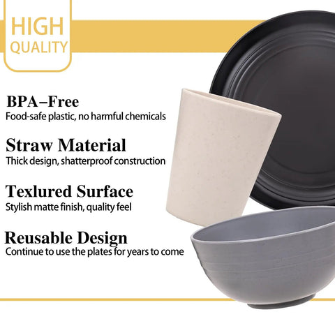 Durable Wheat Straw Dinnerware Set For Four 16 Piece Unbreakable Plastic Plates And Bowls with BPA-free and textured design
