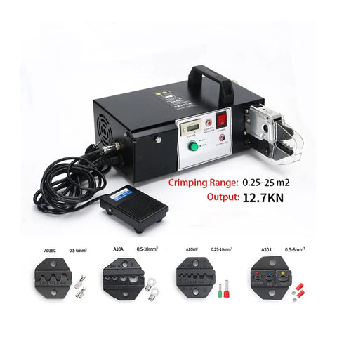 AOXHUGB Electric Terminal Crimping Machine with Auto Stripping And Cutting, showing crimping range and output specifications.