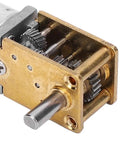 Close-up of Geared DC Motor 1218GE N20 3V 30 RPM Micro Metal Gear Motor showing brass gear housing and steel gears