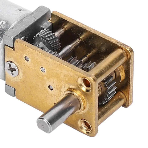 Close-up of Geared DC Motor 1218GE N20 3V 30 RPM Micro Metal Gear Motor showing brass gear housing and steel gears